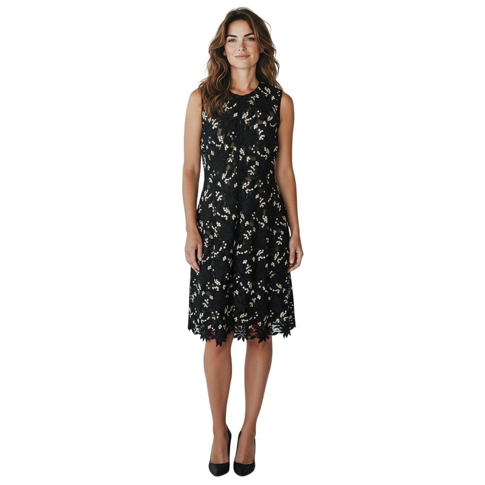 Lela Rose Black Lace Floral Midi Dress Classic Cocktail Holiday Romantic  12